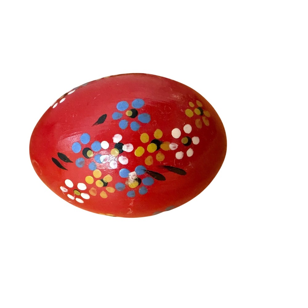 Vintage Hand Painted Red Wooden Easter Egg Floral Folk Art Decor 2 Inch